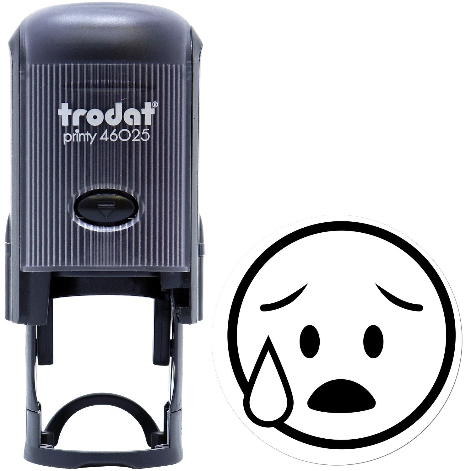 Self-Inking Tearful Timmy Facial Expressions Stamp with a black casing and a tearful face design, perfect for adding expressive details to documents.