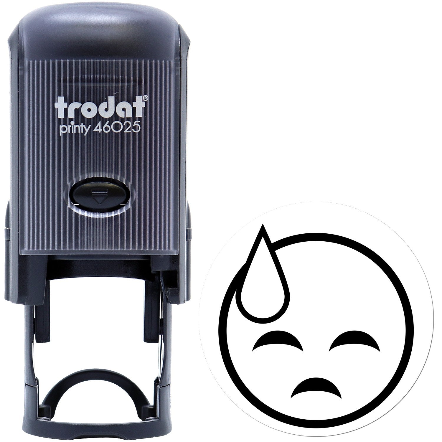 Self-Inking Sweaty Sadface Emoji Stamp featuring a black casing and a round stamp design with a sad face and sweat drop. Perfect for adding expressive details to documents and crafts.