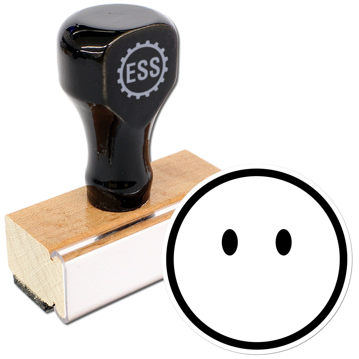 Wood Handle Speechless Sam Emoji Rubber Stamp featuring a black handle with ESS logo, mounted on a wooden base, and a stamp design of a simple speechless emoji face.