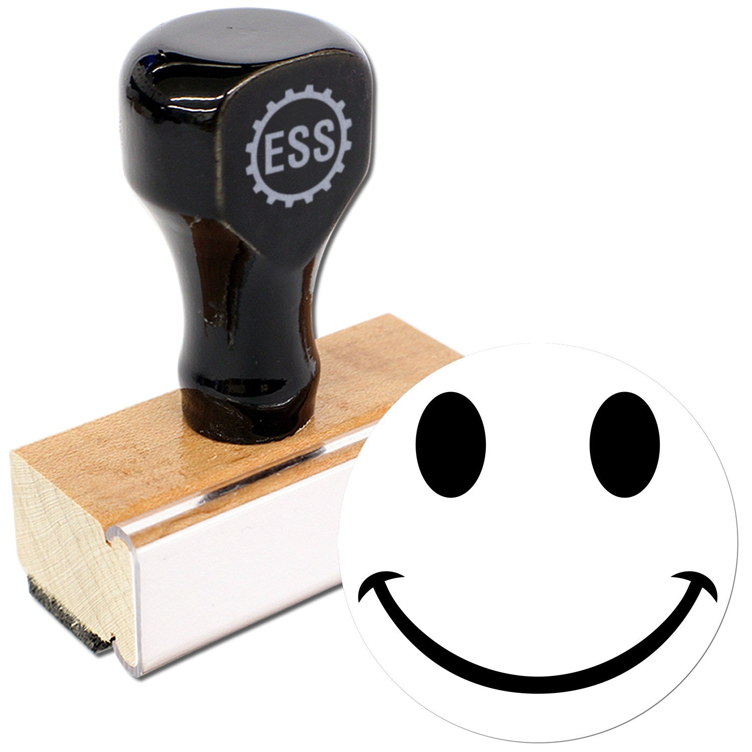 Wood Handle Cheeky Smirk Emoji Rubber Stamp featuring a black handle with ESS logo, mounted on a wooden base, and a cheeky smirk emoji design. Perfect for adding fun to your projects.