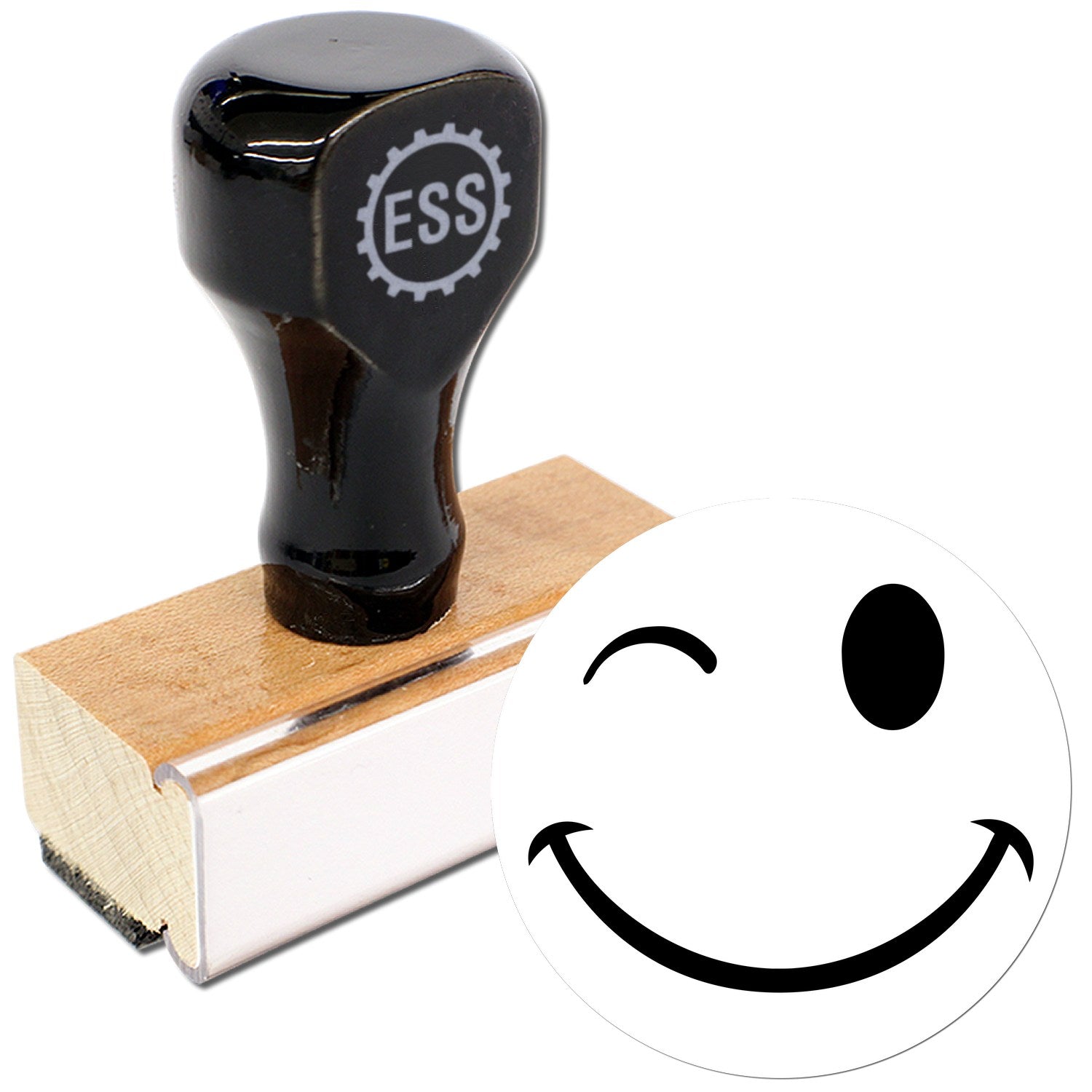 Wood Handle Winky Smirk Emoji Rubber Stamp with a sleek black top and sturdy wooden base, featuring a playful winky smirk emoji design. Perfect for adding a fun touch to crafts and stationery.