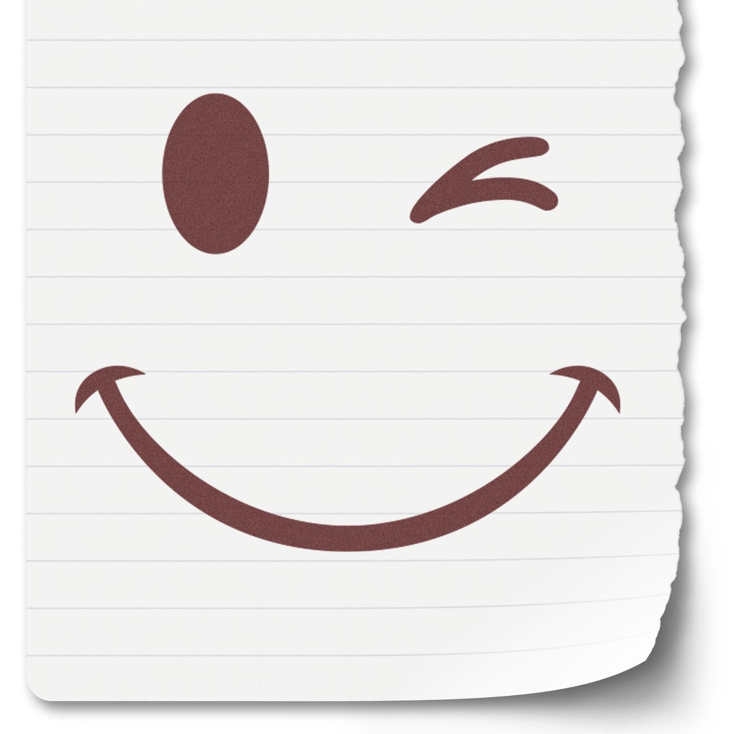 Self-Inking Winky Smiley Emoji Stamp on lined paper, featuring a playful winking face in brown ink. Perfect for adding a fun touch to notes and crafts.