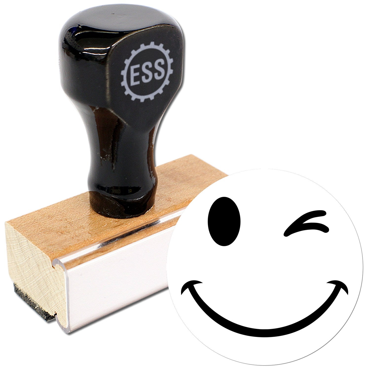 Wood Handle Winky Smiley Emoji Rubber Stamp featuring a black handle and wooden base, perfect for adding a playful touch to crafts and stationery.