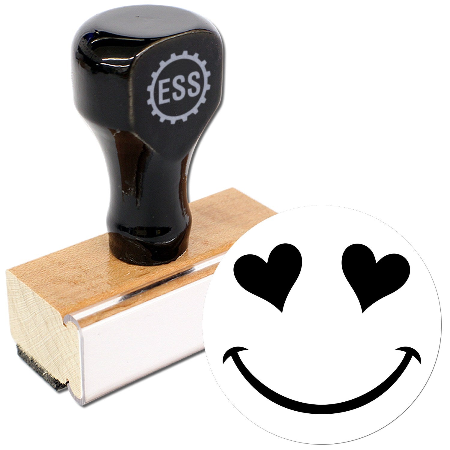 Wood Handle Heart Eyes Delight Emoticon Rubber Stamp featuring a black handle and wooden base, with a heart eyes smiley face design. Perfect for crafting and personalizing projects.