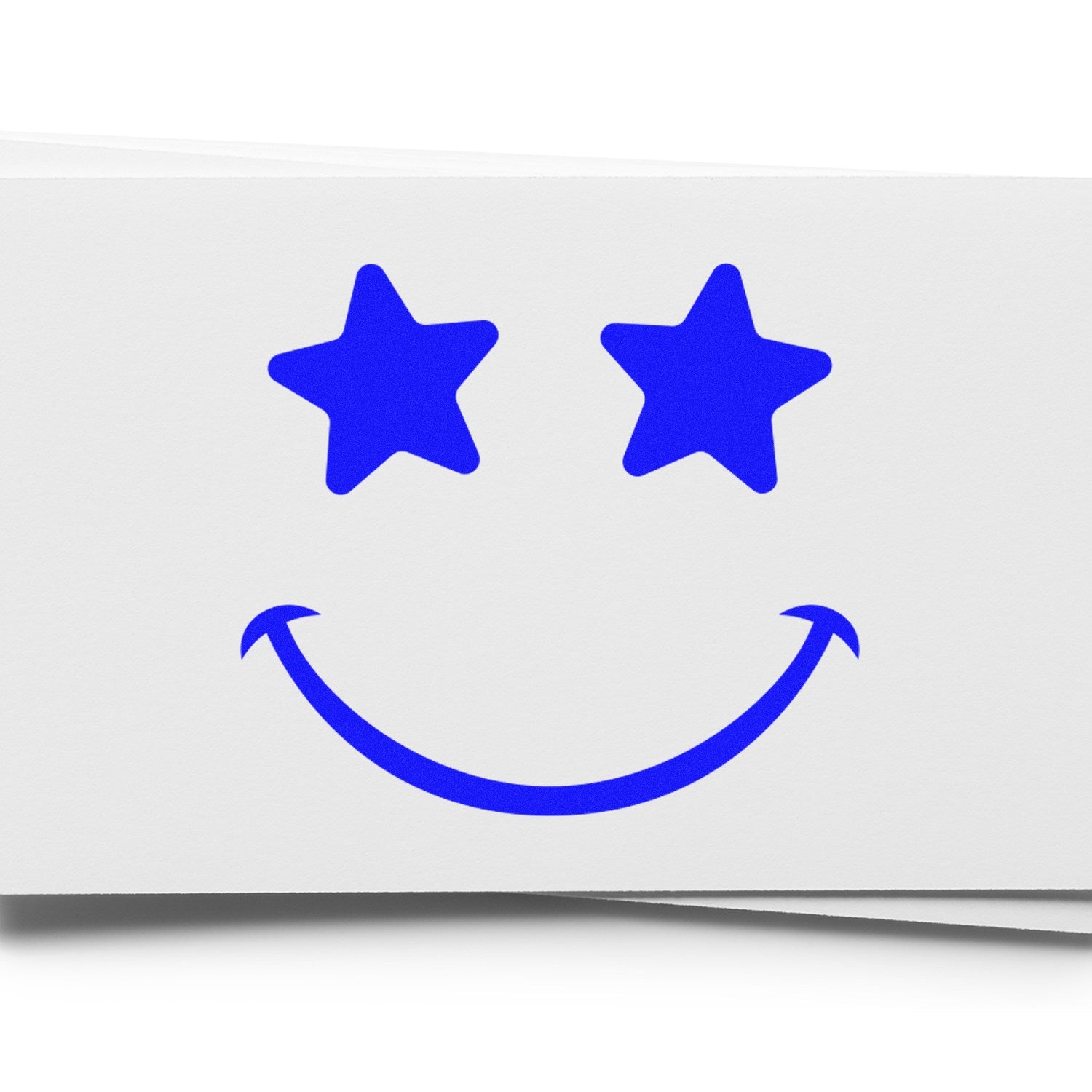 Wood Handle Starstruck Smile Smiley Rubber Stamp featuring a blue smiley face with star-shaped eyes, perfect for adding a playful touch to crafts and stationery.