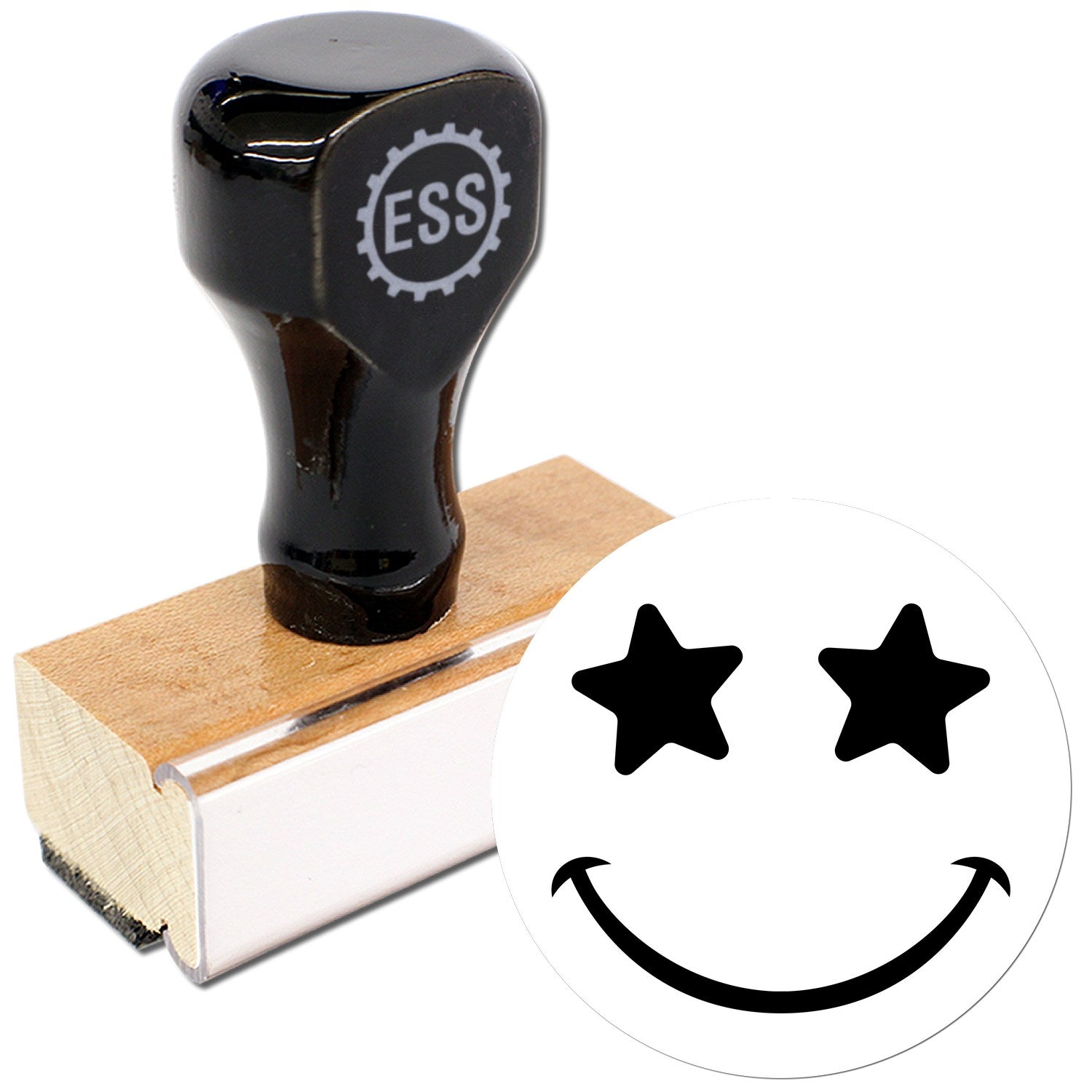 Wood Handle Starstruck Smile Smiley Rubber Stamp featuring a wooden handle and a black top with a smiley face design with star eyes. Perfect for crafting and personalizing projects.