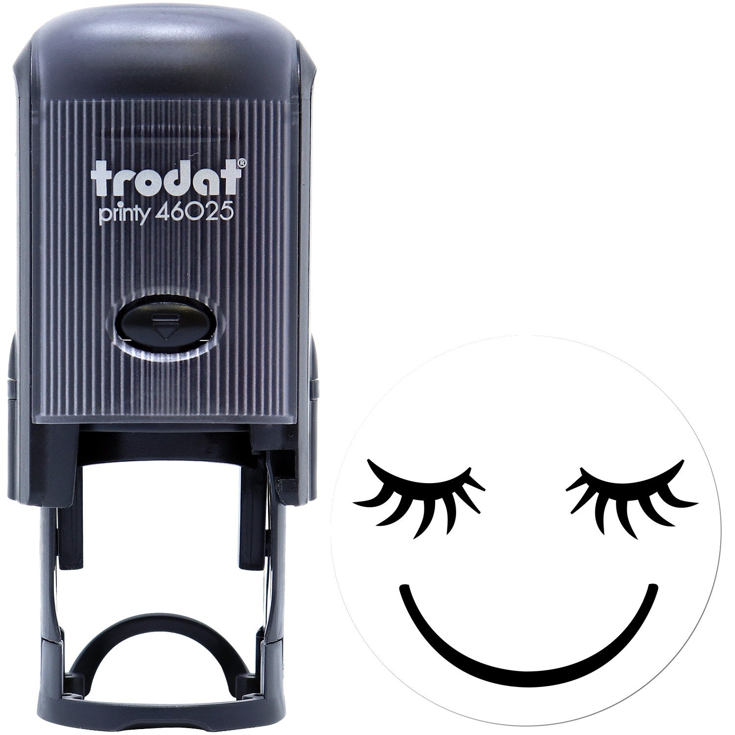 Self-Inking Dreamy Delight Pictogram Stamp featuring a black casing and a smiling face with closed eyes design. Perfect for adding a whimsical touch to documents and crafts.