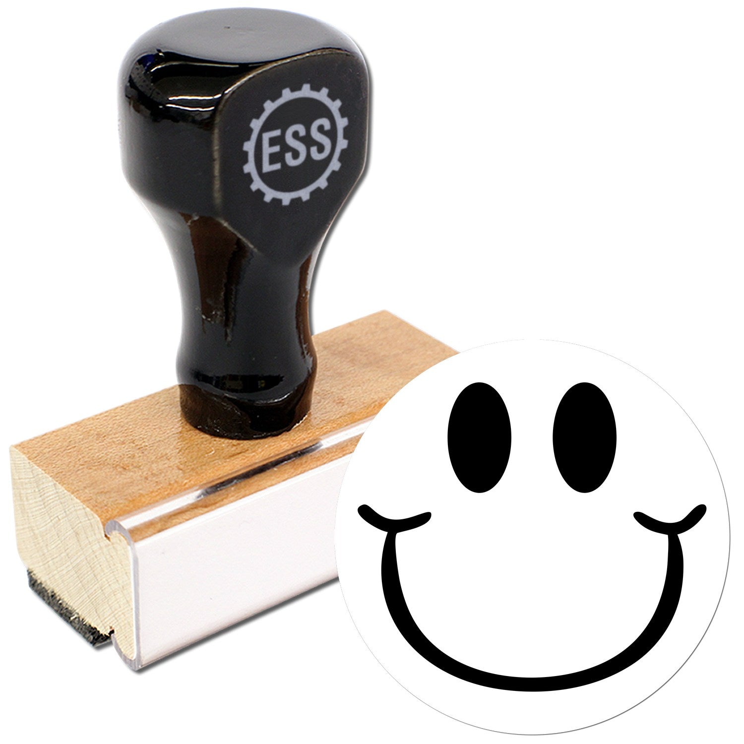 Wood Handle Playful Smirk Reaction Rubber Stamp with a black handle and wooden base, featuring a smiling face design. Perfect for adding a fun touch to crafts and stationery.