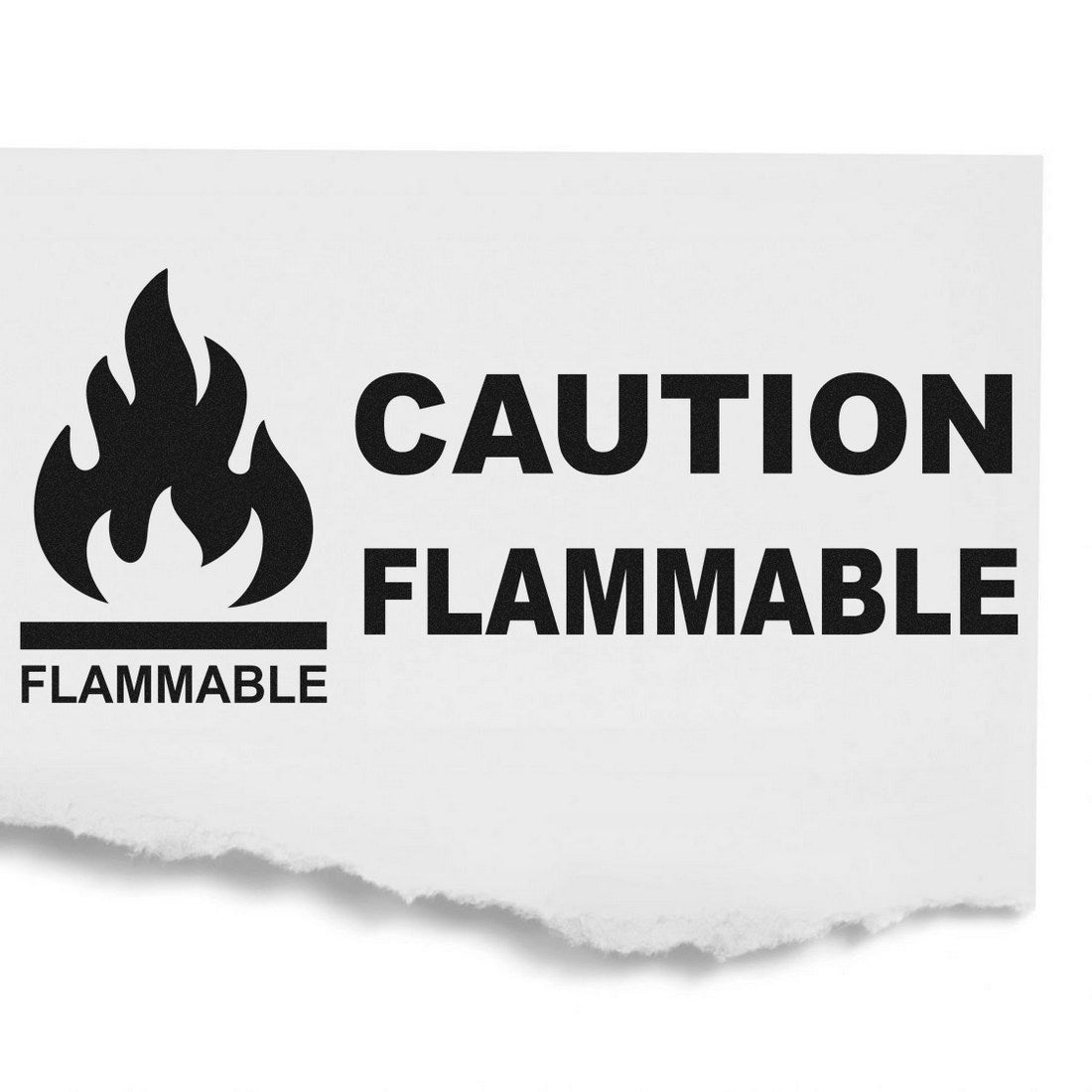 Self-Inking Caution Flammable Stamp with bold black text and flame icon on white background, ideal for safety labeling and warnings.