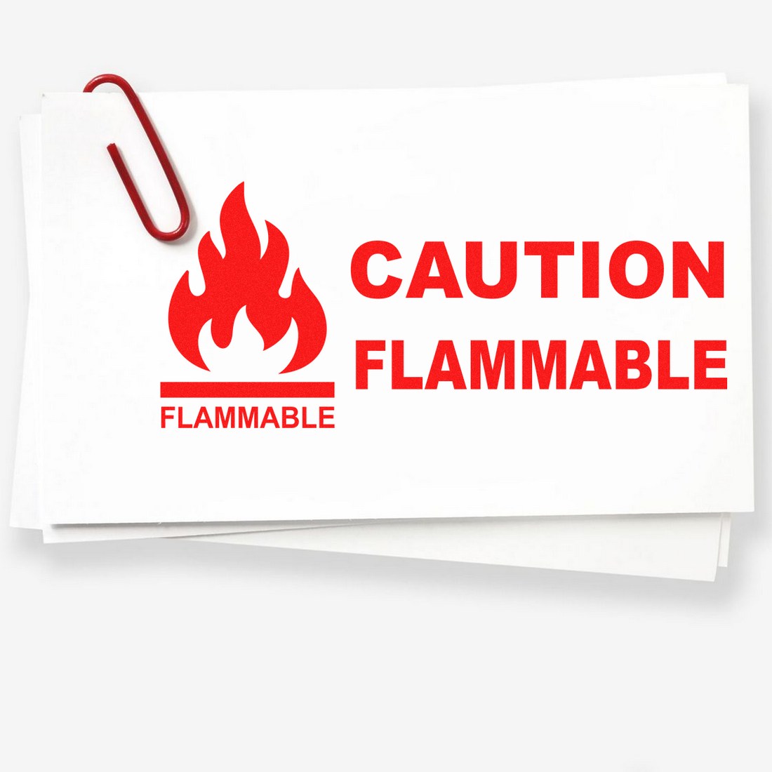 Image of a Wood Handle Caution Flammable Rubber Stamp with a red flame icon and bold text on a white background, highlighting safety warnings.