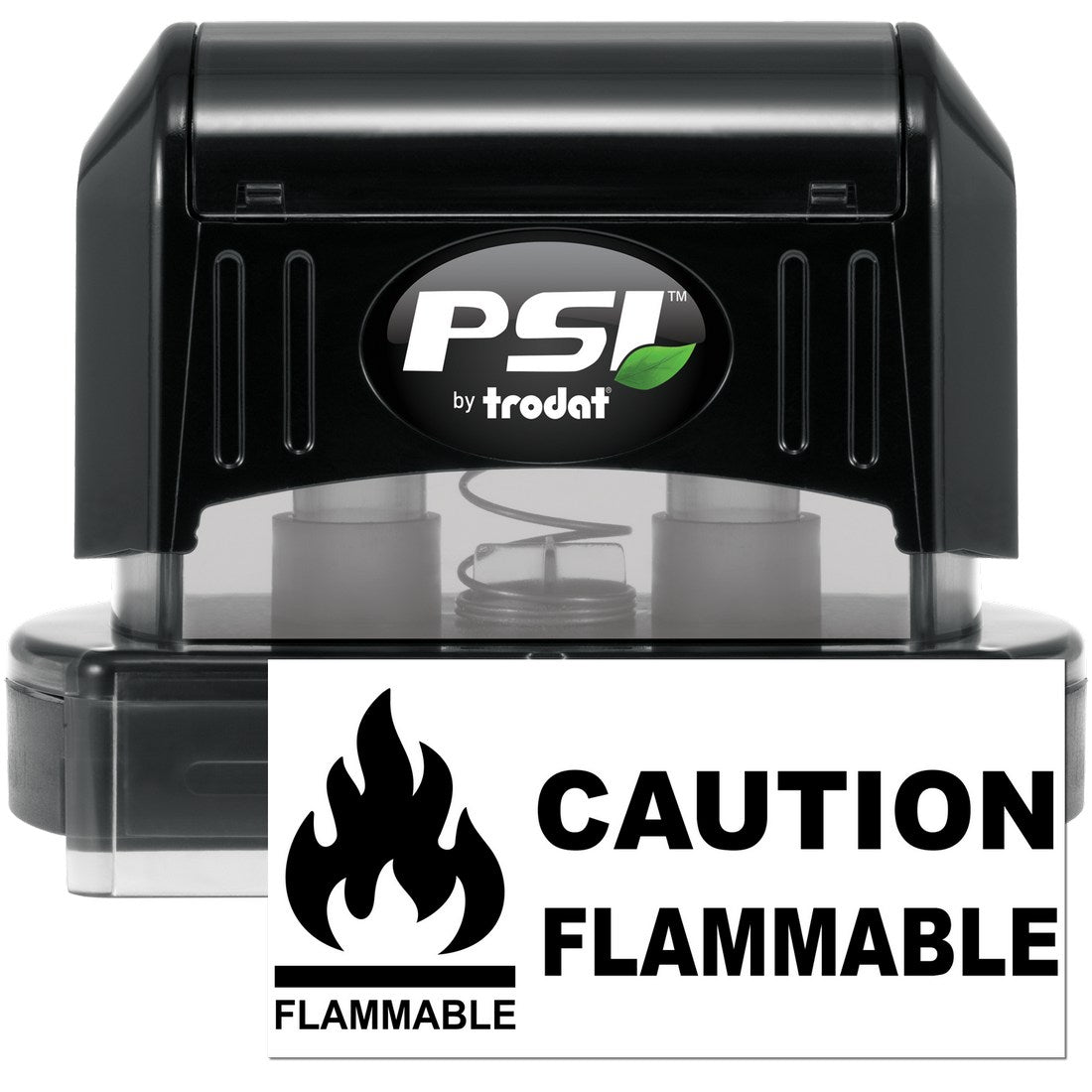 PSI Pre-Inked Caution Flammable Stamp with black casing and bold text, featuring a flame icon, ideal for safety labeling.