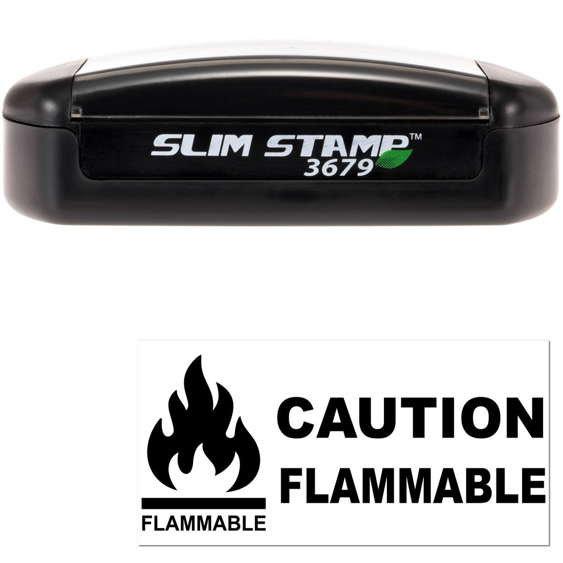 Slim Pre-Inked Caution Flammable Stamp with black casing and bold text. Features a flame icon and Caution Flammable warning. Compact design for efficient marking.