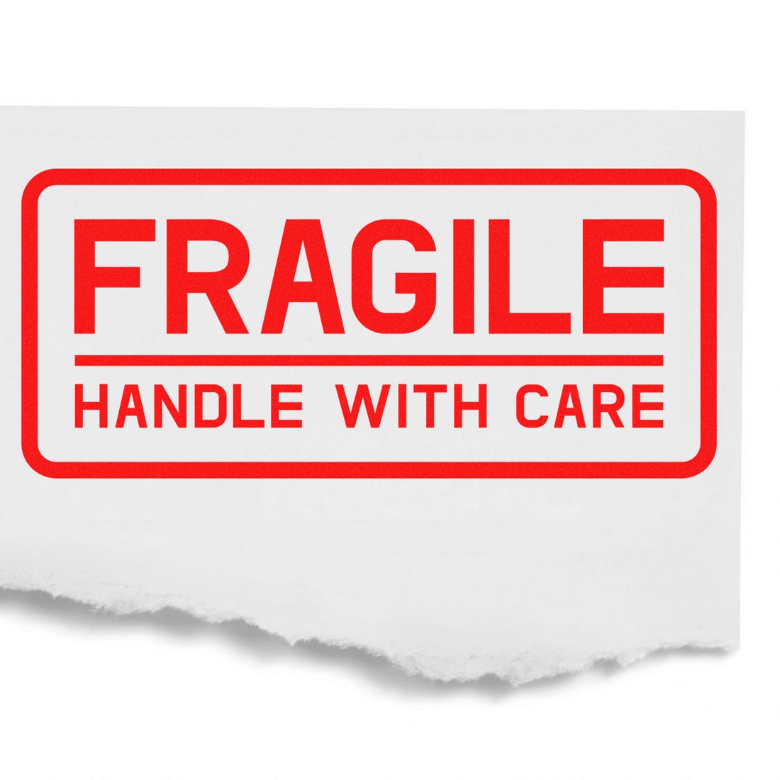 Slim Pre-Inked Fragile Handle With Care Shipping Stamp in red, featuring bold text on a white background, ideal for marking packages as fragile. Perfect for shipping needs.