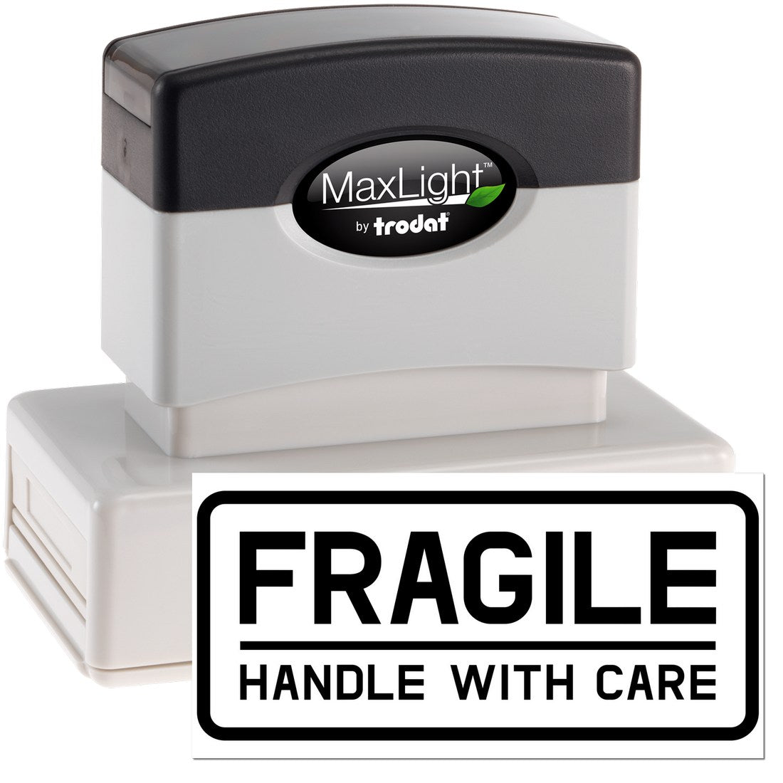 Maxlight Premium Fragile Handle With Care Shipping Stamp, featuring a durable black and white design, ideal for marking packages. Perfect for ensuring safe handling during transit.