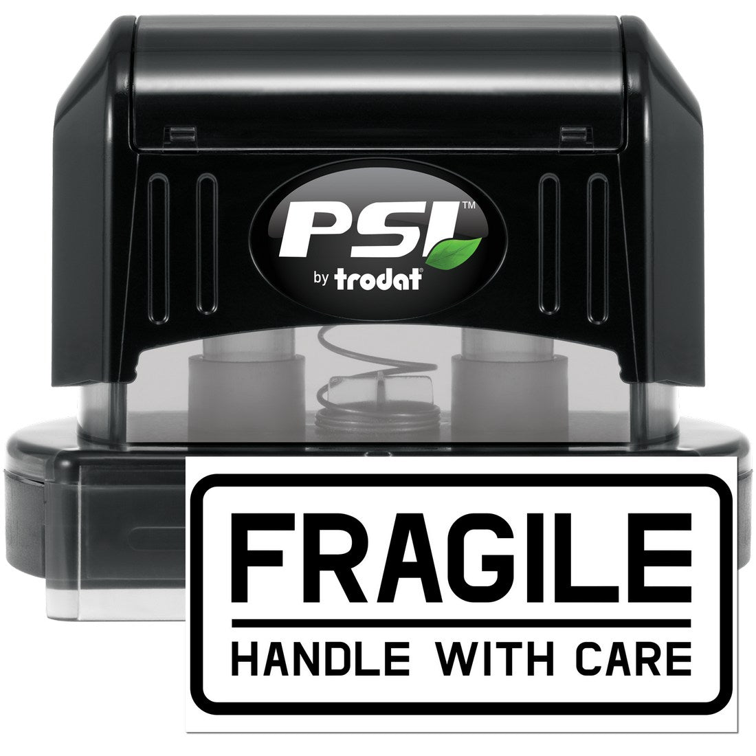 PSI Pre-Inked Fragile Handle With Care Shipping Stamp in black, featuring bold text for marking packages. Ideal for ensuring careful handling during shipping.