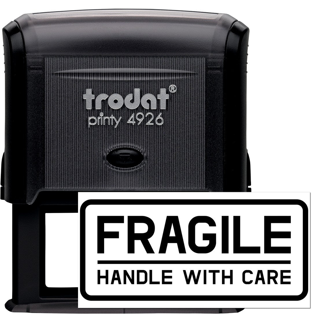 Self-Inking Fragile Handle With Care Shipping Stamp in black, featuring bold text for easy package labeling. Ideal for ensuring safe handling during transit.