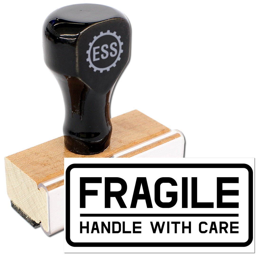 Wood Handle Fragile Handle With Care Shipping Rubber Stamp featuring a black top and wooden base, designed for marking packages with care instructions.