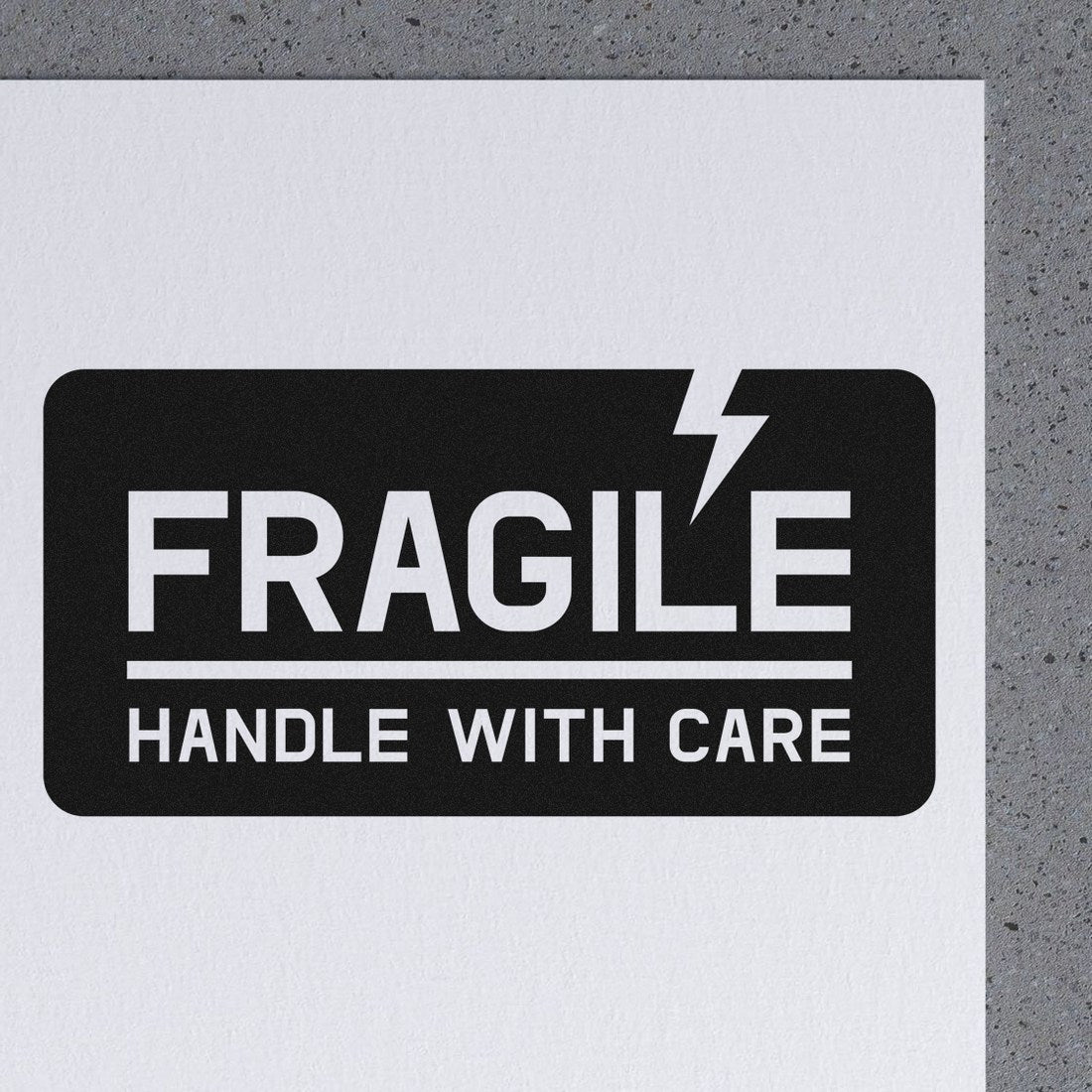 Wood Handle Lightning Fragile Rubber Stamp with bold 'FRAGILE HANDLE WITH CARE' text and lightning bolt design, perfect for marking packages. Black ink on white paper.