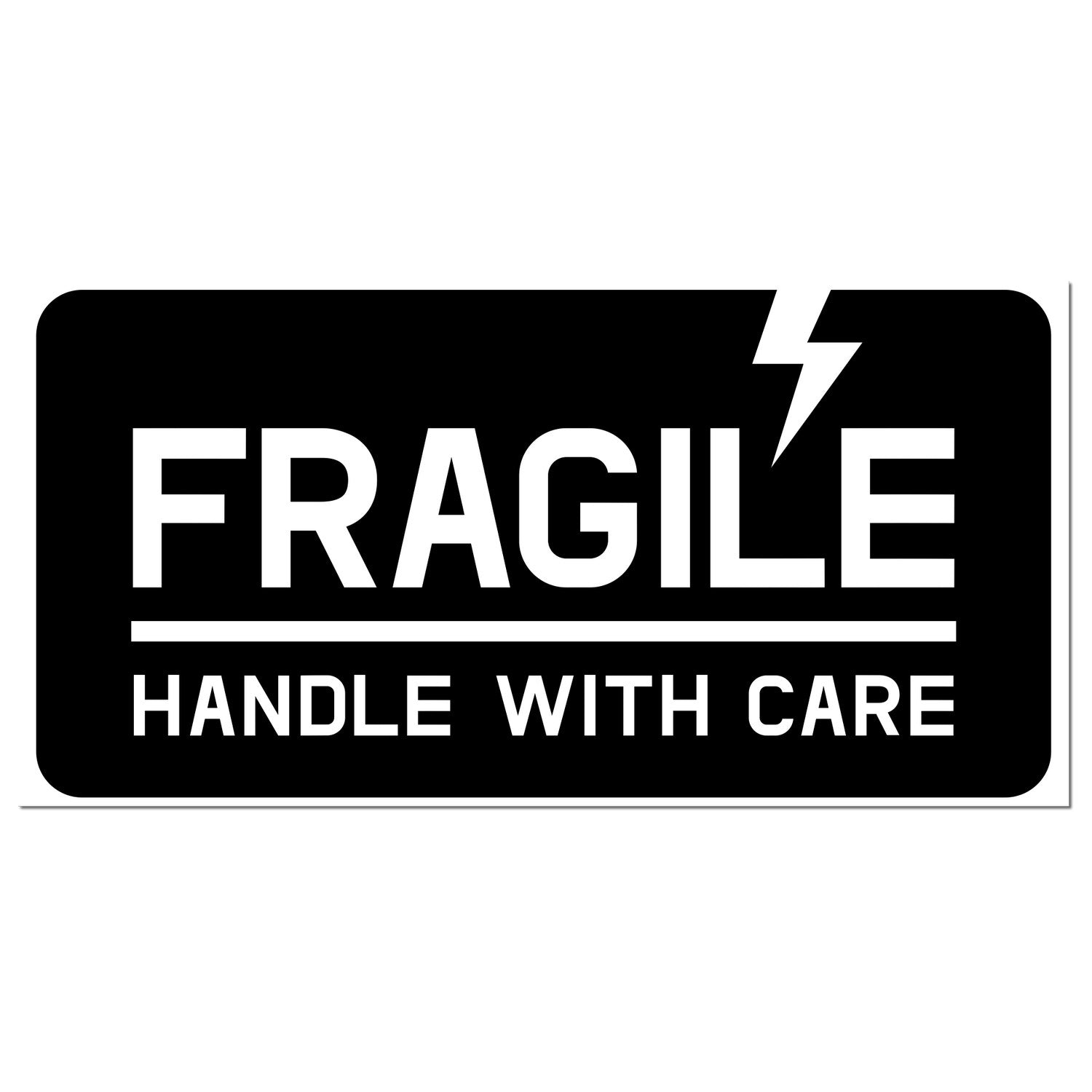 Wood Handle Lightning Fragile Rubber Stamp with bold 'FRAGILE HANDLE WITH CARE' text and lightning bolt design on a black background.