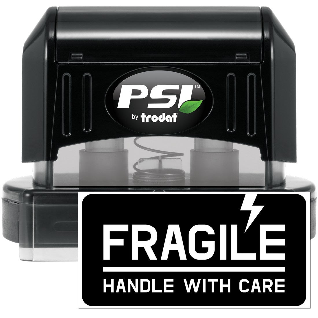 PSI Pre-Inked Lightning Fragile Stamp in black, featuring bold 'FRAGILE HANDLE WITH CARE' text and a lightning bolt icon, ideal for marking packages. Compact and durable design.