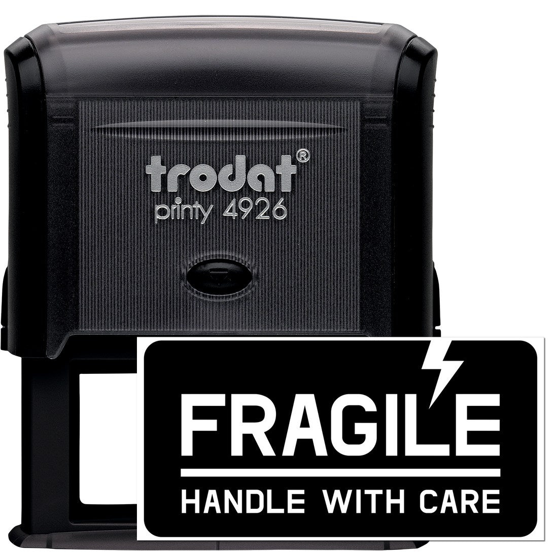 Self-Inking Lightning Fragile Stamp with black casing and FRAGILE HANDLE WITH CARE text. Ideal for marking packages. Durable and efficient design for frequent use.