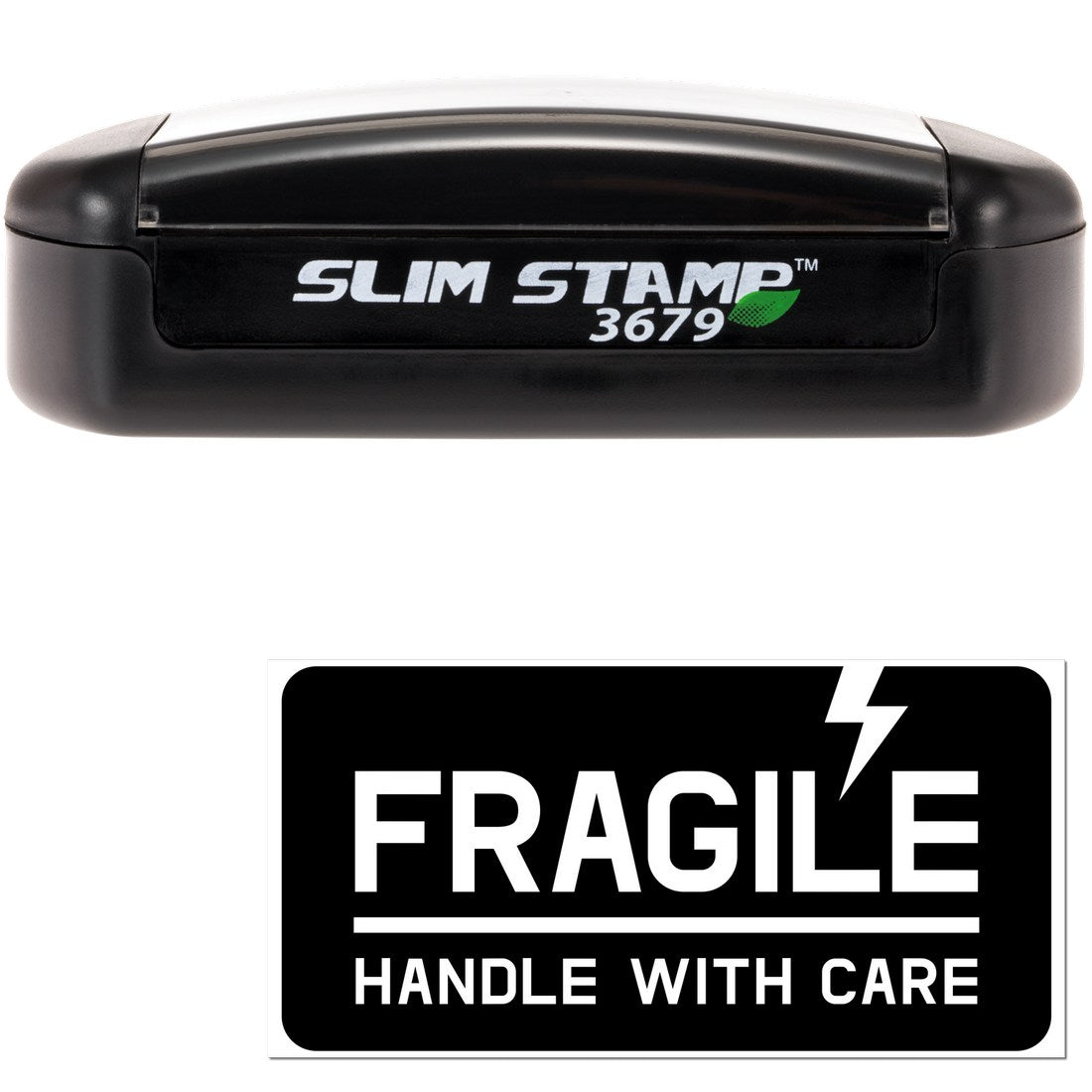 Image of the Slim Pre-Inked Lightning Fragile Stamp, featuring a sleek black design with FRAGILE HANDLE WITH CARE text and a lightning bolt icon, ideal for marking delicate packages.