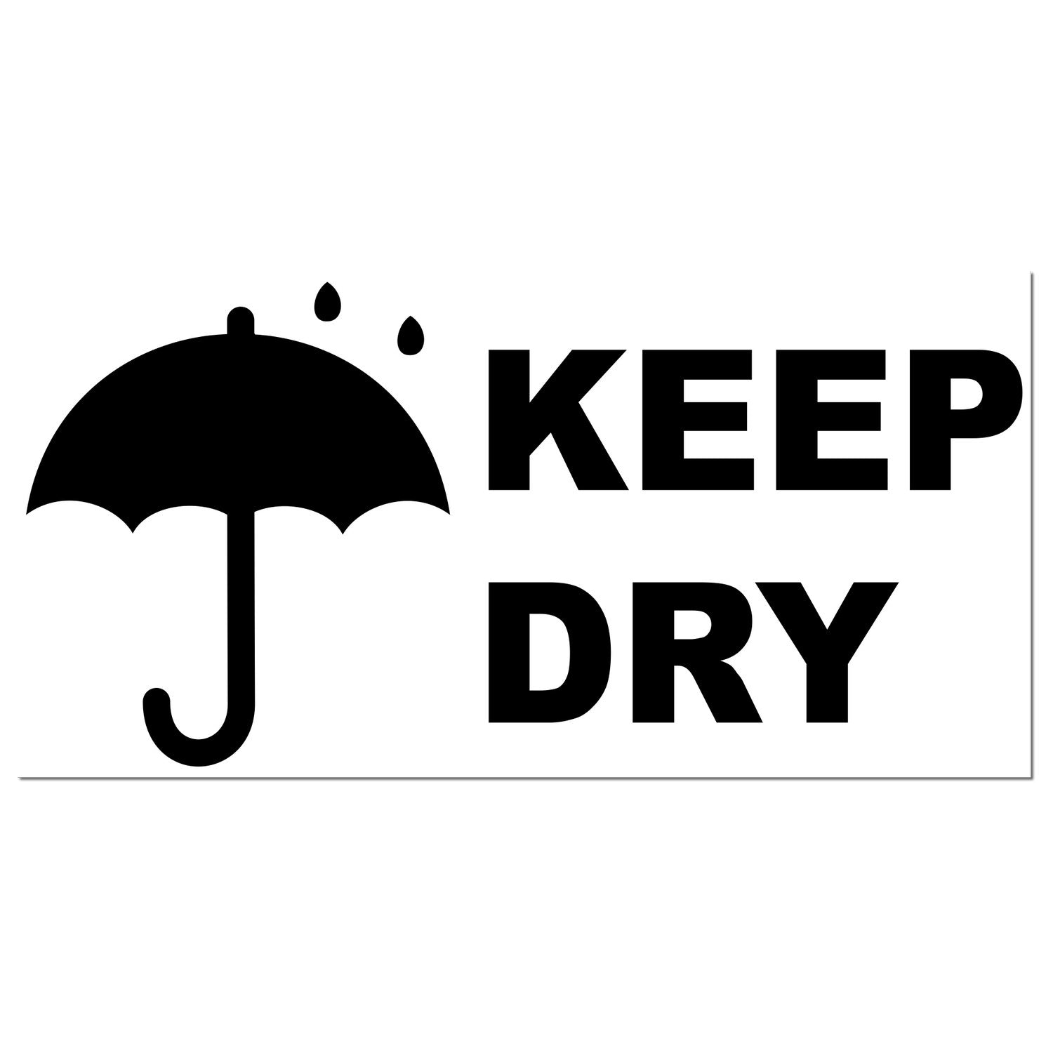 Slim Pre-Inked Keep Dry with Umbrella Stamp featuring a black umbrella icon with raindrops and bold 'KEEP DRY' text, ideal for packaging and shipping needs.