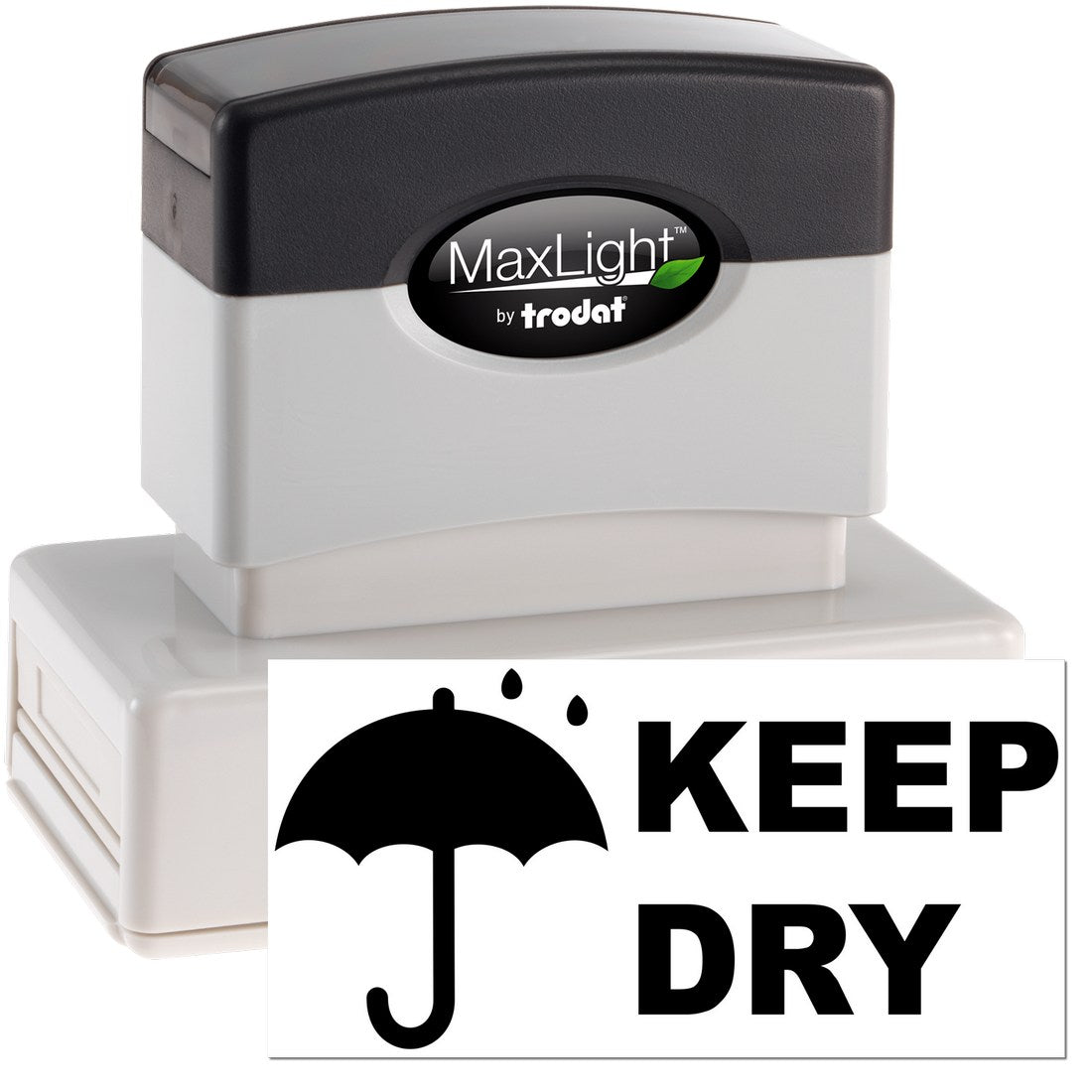 Maxlight Premium Keep Dry with Umbrella Stamp featuring a black and white design, showcasing an umbrella icon and 'KEEP DRY' text. Ideal for marking packages and documents.