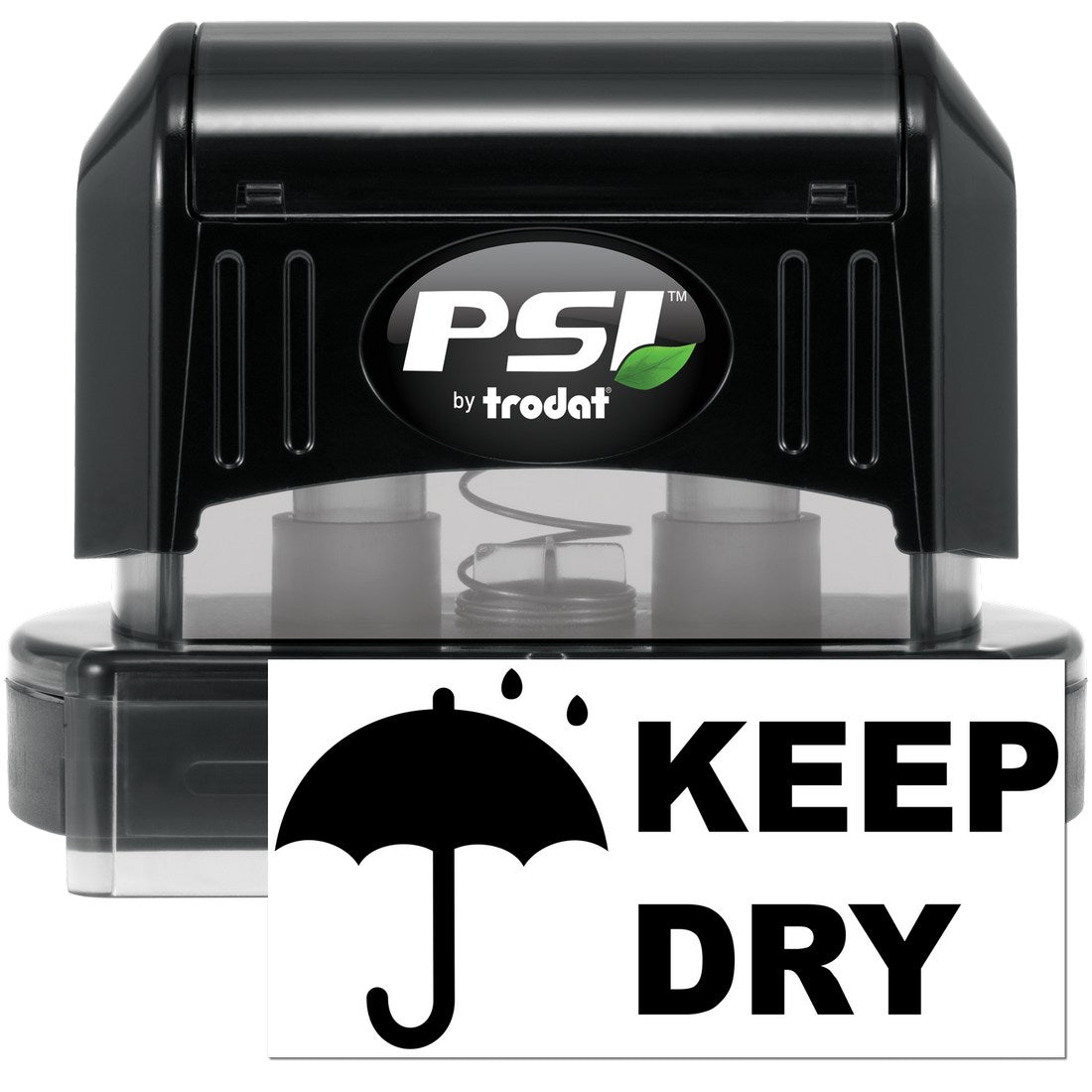 PSI Pre-Inked Keep Dry with Umbrella Stamp in black, featuring a clear base and bold 'Keep Dry' text with an umbrella icon, ideal for marking packages and documents.