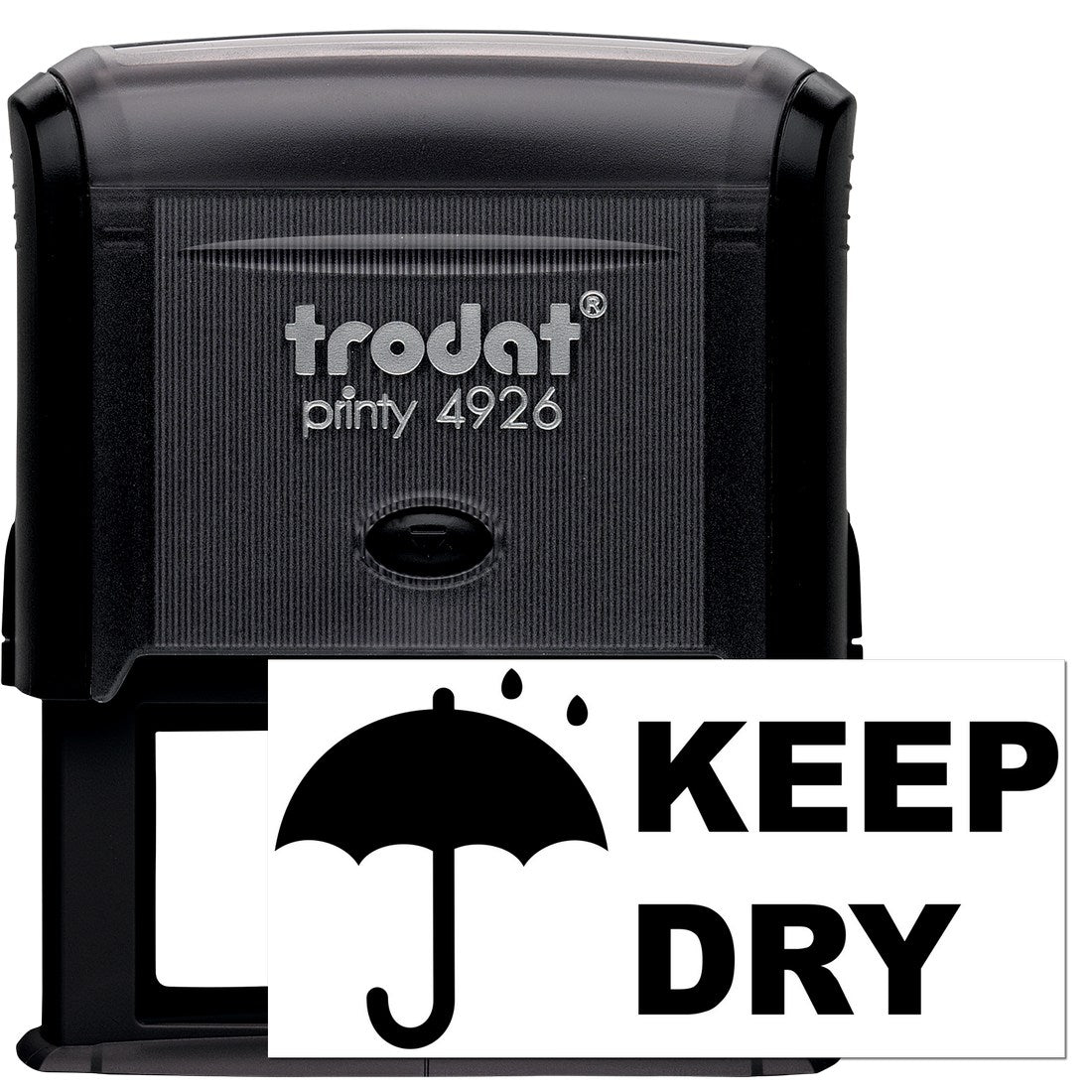 Self-Inking Keep Dry with Umbrella Stamp featuring a black casing and clear KEEP DRY text with an umbrella icon. Ideal for marking packages.