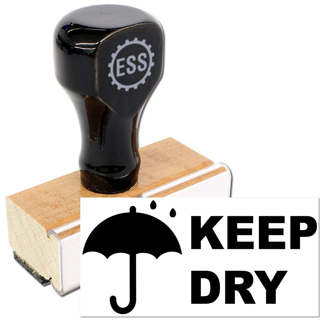 Wood Handle Keep Dry with Umbrella Rubber Stamp featuring a black handle and wooden base, alongside a Keep Dry message with an umbrella icon. Perfect for packaging and shipping needs.