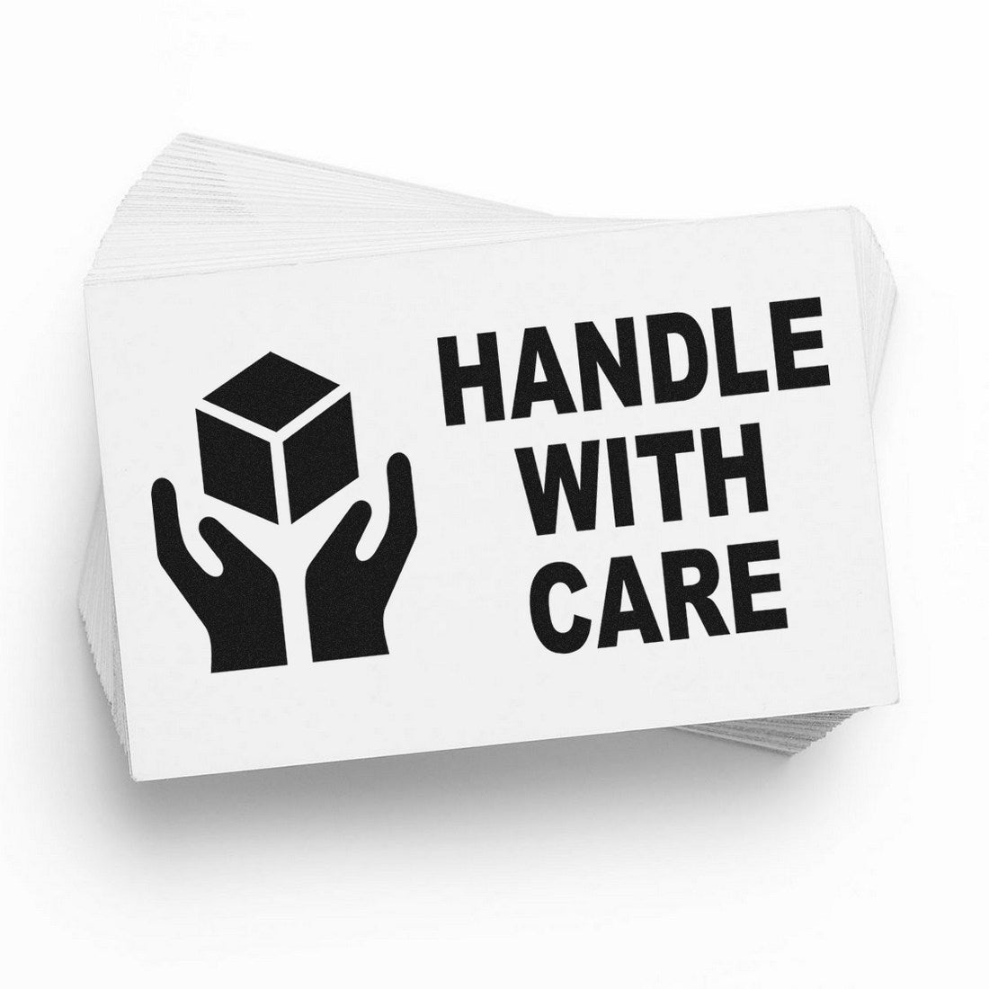 Image of a PSI Pre-Inked Handle With Care Stamp featuring a black icon of hands holding a box, alongside bold text HANDLE WITH CARE on a white background.