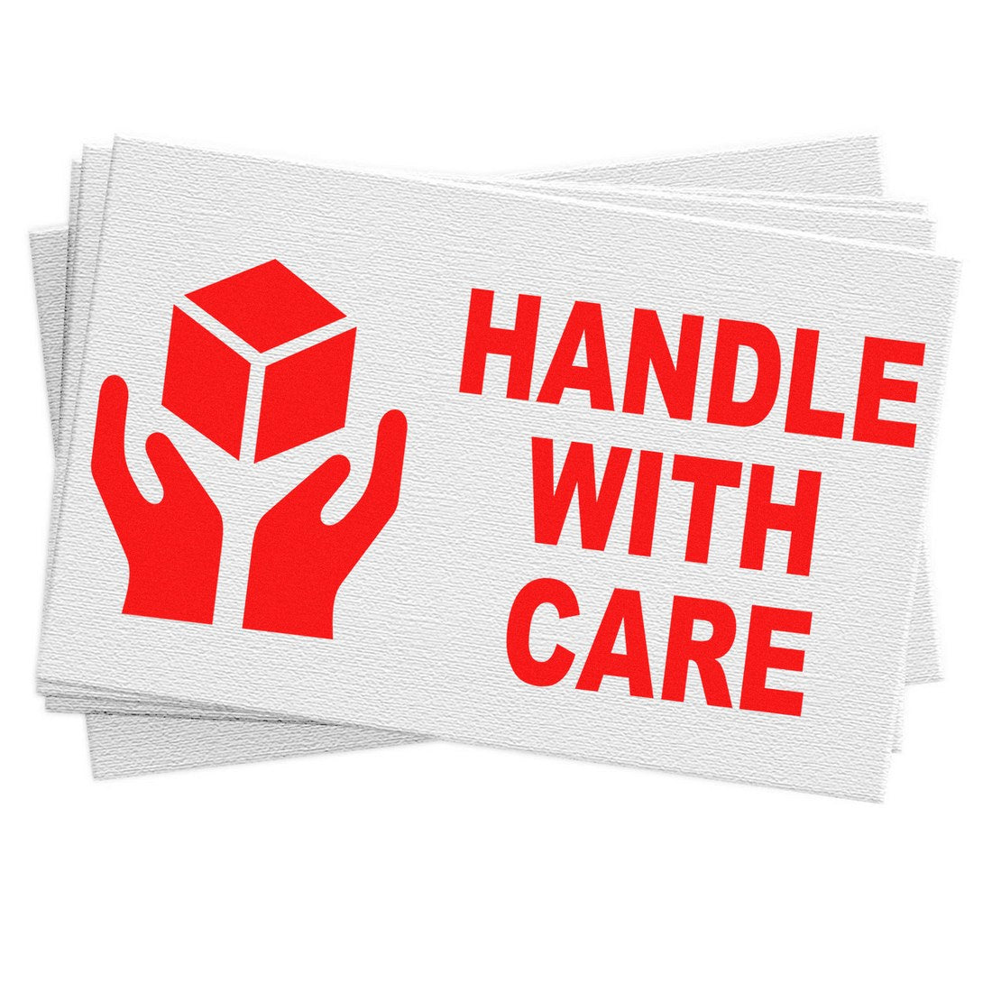 Self-Inking Handle With Care Stamp featuring red text and icon of hands holding a box, designed for easy marking on packages. Ideal for shipping and handling instructions.