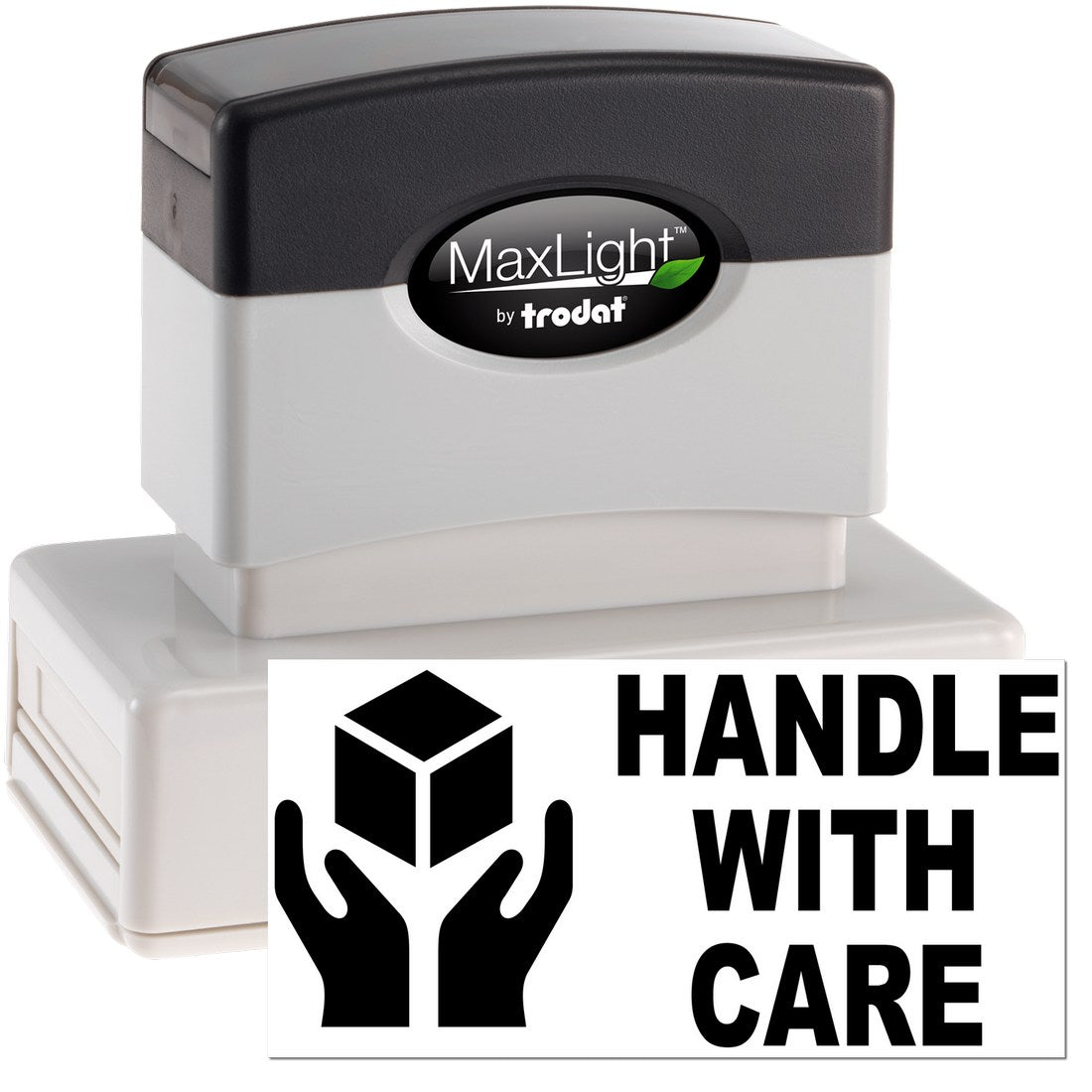 Maxlight Premium Handle With Care Stamp featuring a black and white design, with a Handle With Care label and icon of hands holding a box. Ideal for packaging and shipping needs.