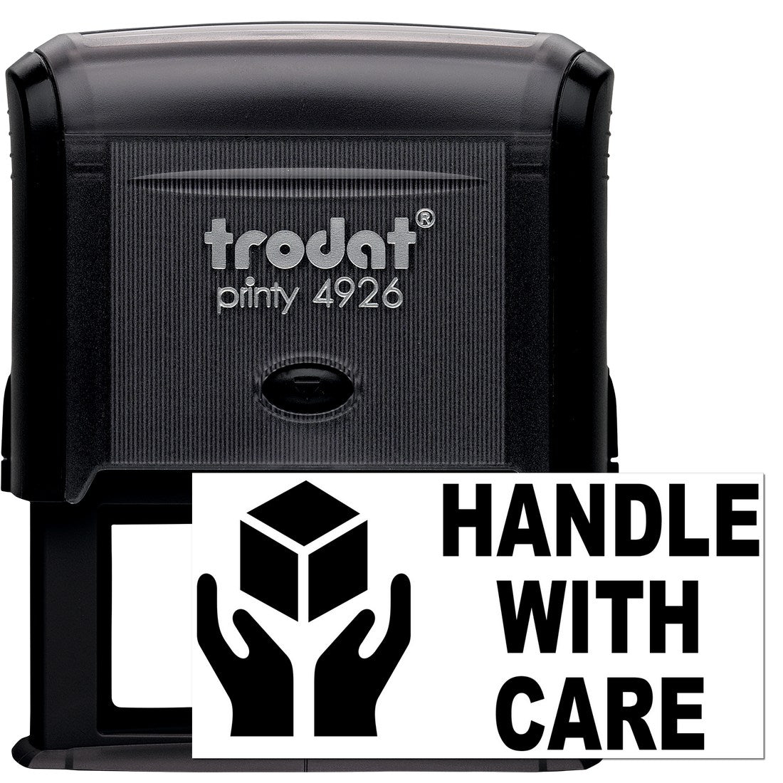 Self-Inking Handle With Care Stamp featuring a black casing and clear Handle With Care text with icon. Ideal for packaging and shipping needs.