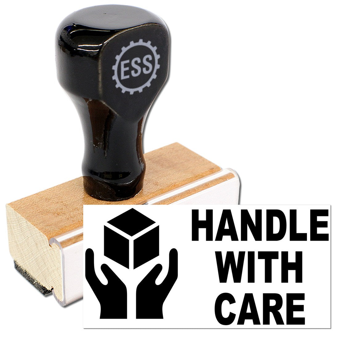 Wood Handle Handle With Care Rubber Stamp featuring a black top with ESS logo, mounted on a wooden base. Ideal for marking packages with a Handle With Care message.