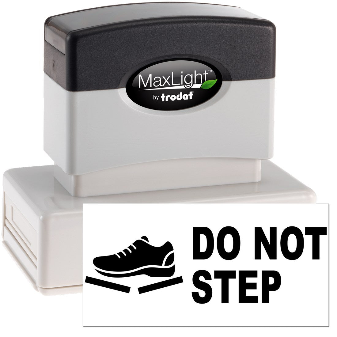 Maxlight Premium Handle With Care Do Not Step Stamp featuring a black and white design with a shoe icon and bold text. Ideal for marking packages to prevent damage.