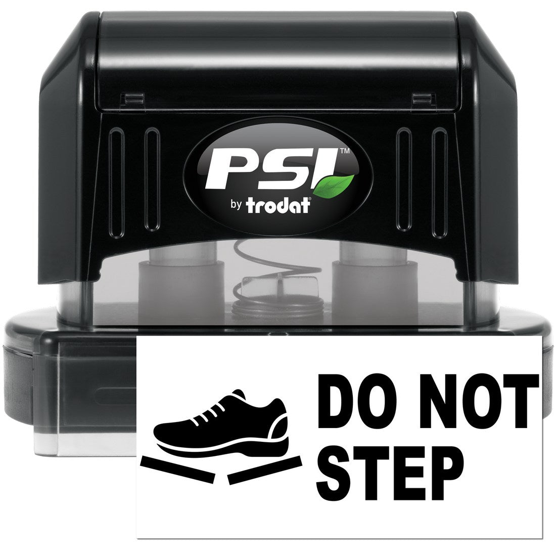 PSI Pre-Inked Handle With Care Do Not Step Stamp, black casing, featuring a shoe icon and 'Do Not Step' text, ideal for marking fragile packages.