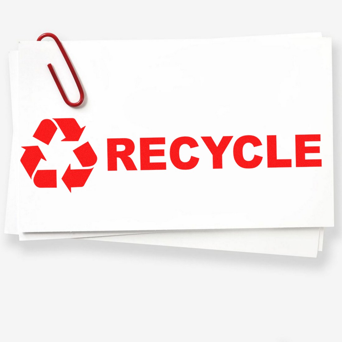 Wood Handle Recycle Symbol Rubber Stamp with a red recycle icon and text on white paper, secured by a red paperclip. Ideal for eco-friendly labeling and sustainability projects.