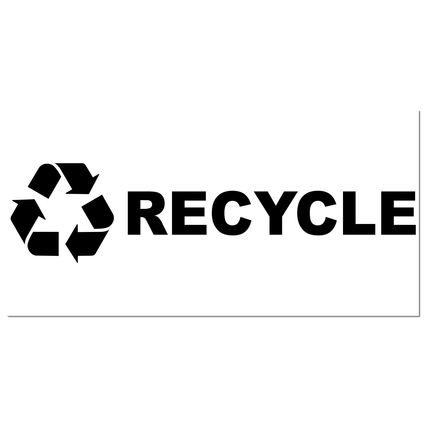 PSI Pre-Inked Recycle Symbol Stamp featuring a bold black recycle icon and the word RECYCLE on a white background, ideal for eco-friendly labeling and sustainability messaging.