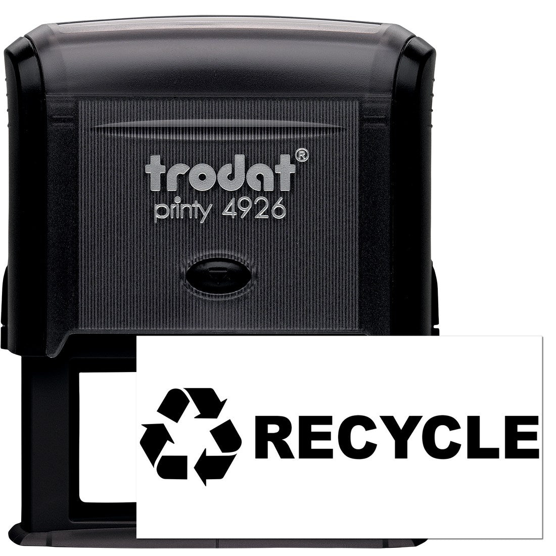 Self-Inking Recycle Symbol Stamp with black casing, featuring a clear recycle symbol and RECYCLE text. Ideal for eco-friendly labeling and office use.