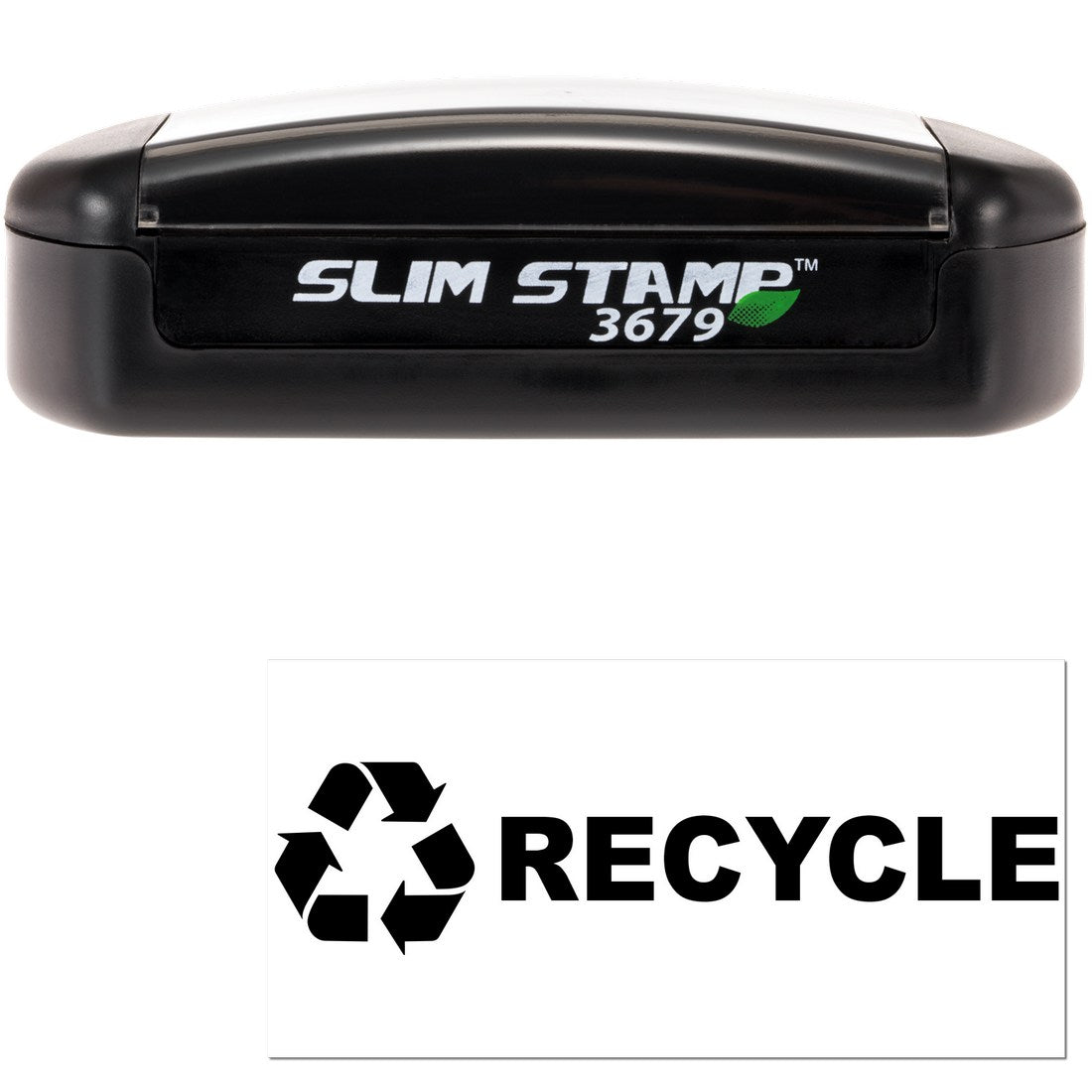 Slim Pre-Inked Recycle Symbol Stamp featuring a compact black design with SLIM STAMP 3679 branding, and a clear recycle symbol imprint. Ideal for eco-friendly labeling.