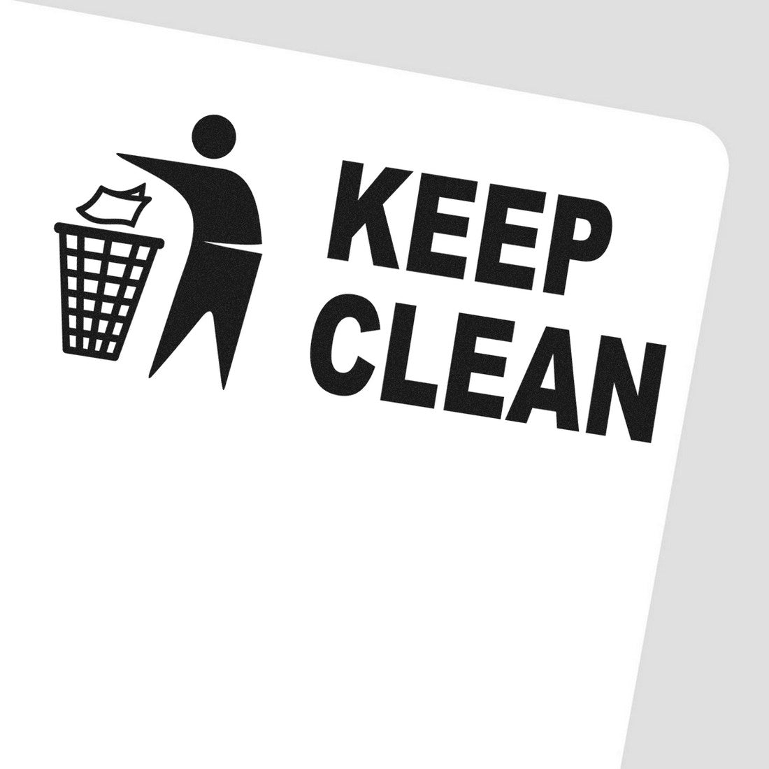 Wood Handle Keep Clean Rubber Stamp featuring a stick figure throwing trash in a bin with KEEP CLEAN text, ideal for promoting cleanliness and organization.