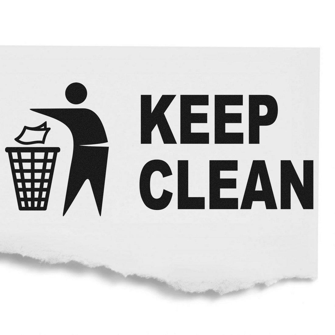 Image of the Self-Inking Keep Clean Stamp featuring a stick figure throwing trash into a bin with bold KEEP CLEAN text, ideal for promoting cleanliness and organization.