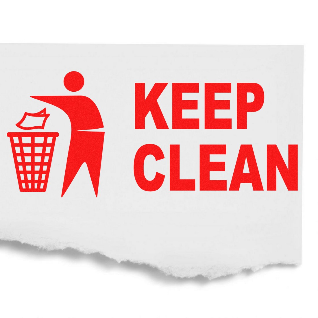 Image of the PSI Pre-Inked Keep Clean Stamp featuring a red icon of a person throwing trash into a bin with bold red text KEEP CLEAN on a white background.