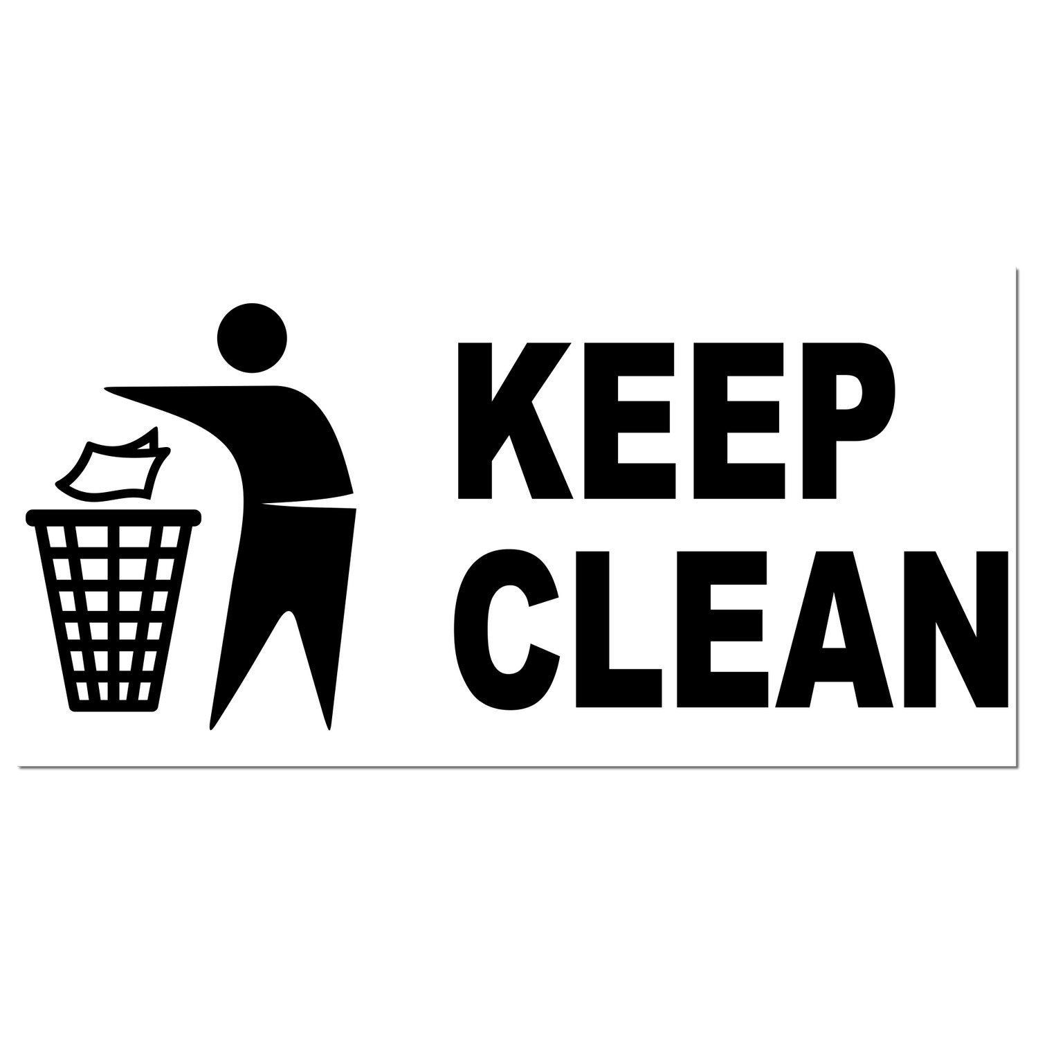 Image of the Slim Pre-Inked Keep Clean Stamp featuring a black icon of a person throwing trash into a bin with the text KEEP CLEAN in bold, designed for efficient and clear stamping.