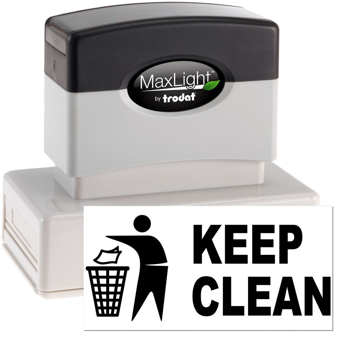 Maxlight Premium Keep Clean Stamp featuring a black and white design with a Keep Clean message and icon of a person throwing trash in a bin.