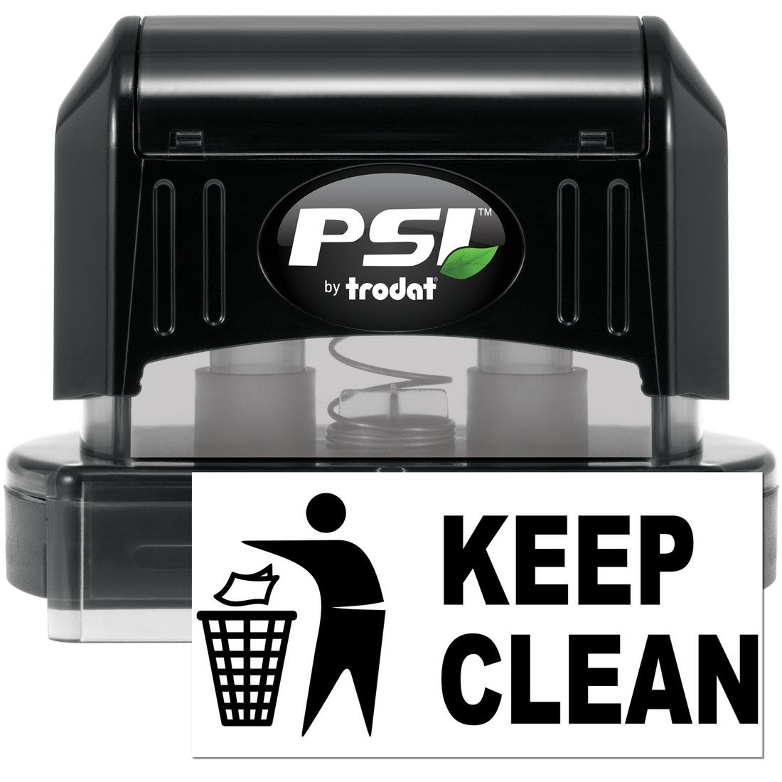 PSI Pre-Inked Keep Clean Stamp in black with a clear base, featuring a 'Keep Clean' message and trash bin icon. Ideal for office and home use.