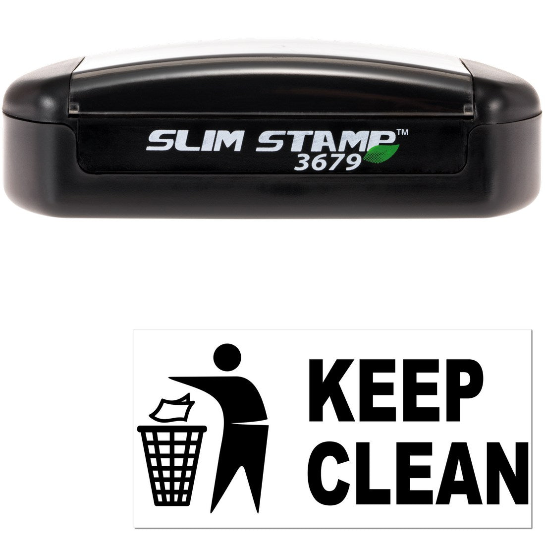 Slim Pre-Inked Keep Clean Stamp with black casing, featuring a 'Keep Clean' message and icon of a person throwing trash in a bin. Compact design for efficient stamping.