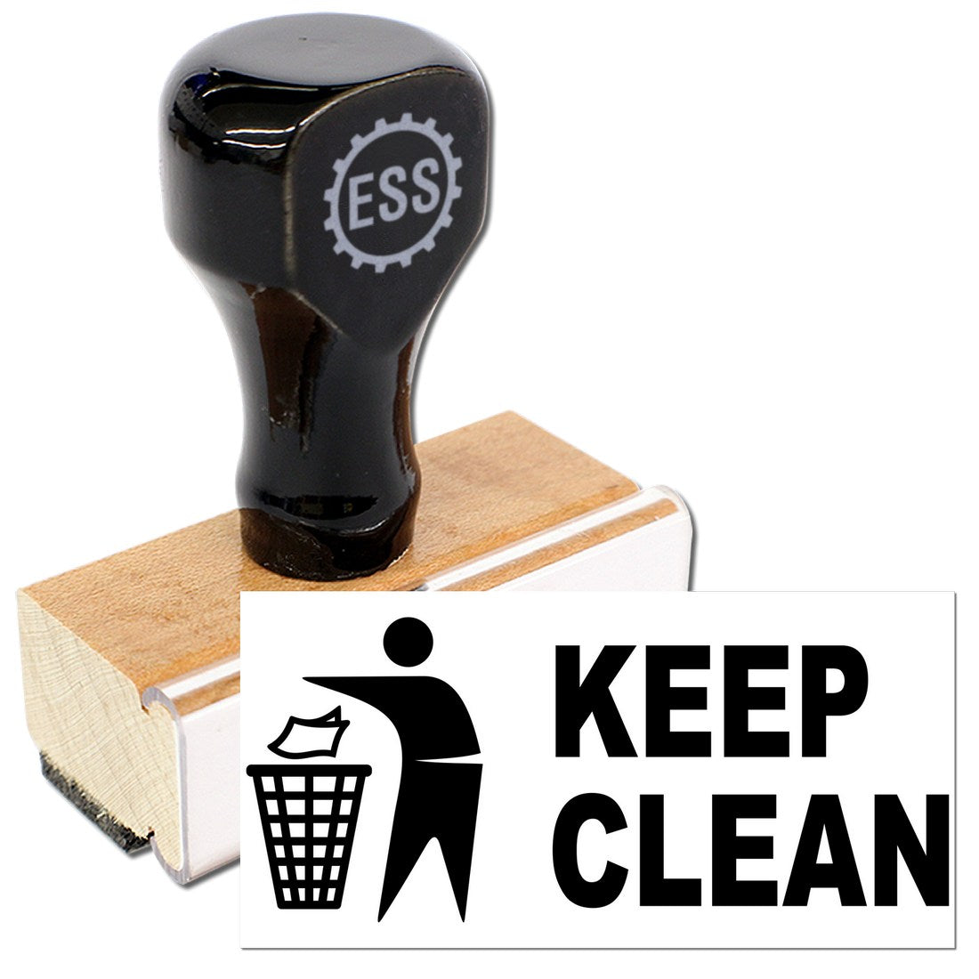 Wood Handle Keep Clean Rubber Stamp with a black top and wooden base, featuring a KEEP CLEAN message and trash bin icon. Ideal for office or personal use.